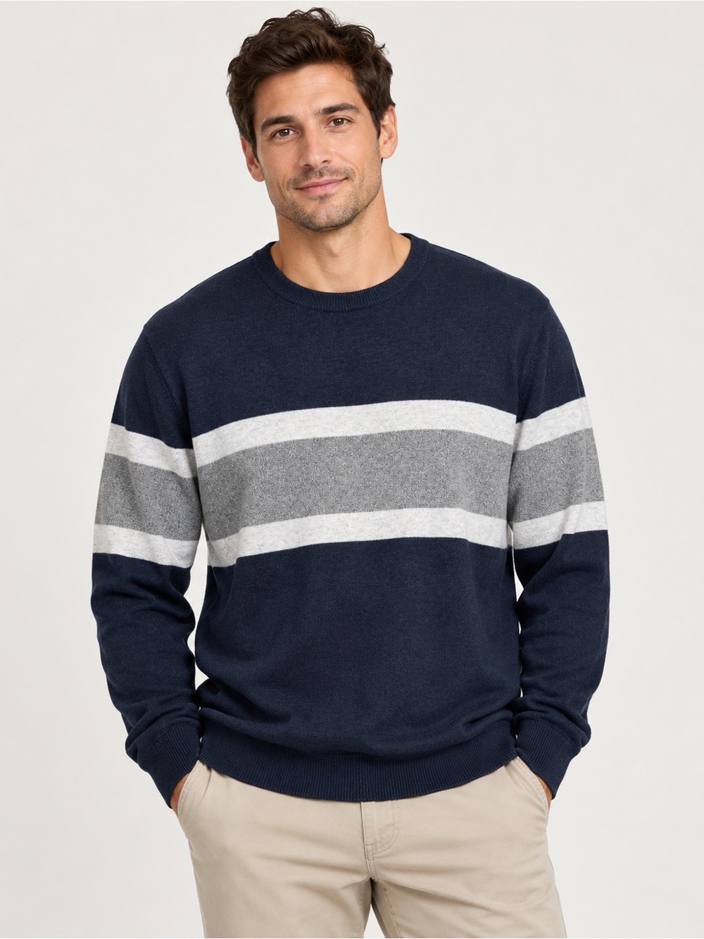 Old Navy XL Sweater Navy Blue White Gray Striped Crewneck